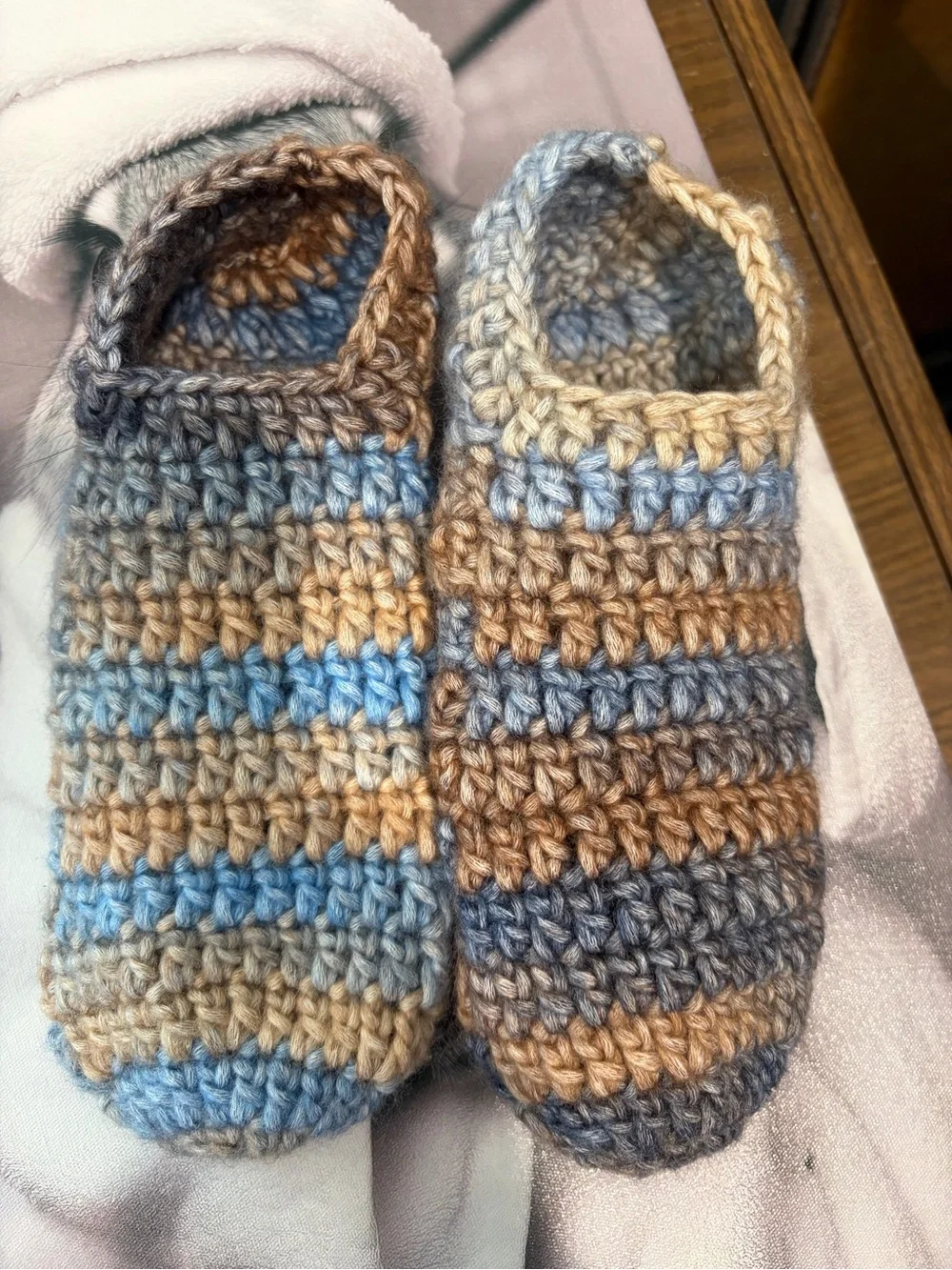 Handmade Crochet Slippers Blue Tan Gray Cozy House Shoes